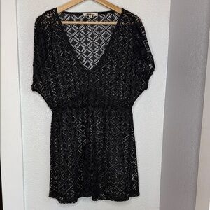 Miken Swim Black Lace Crochet Swim Cover Up Beach Dress XL Resort Cruise Vacay